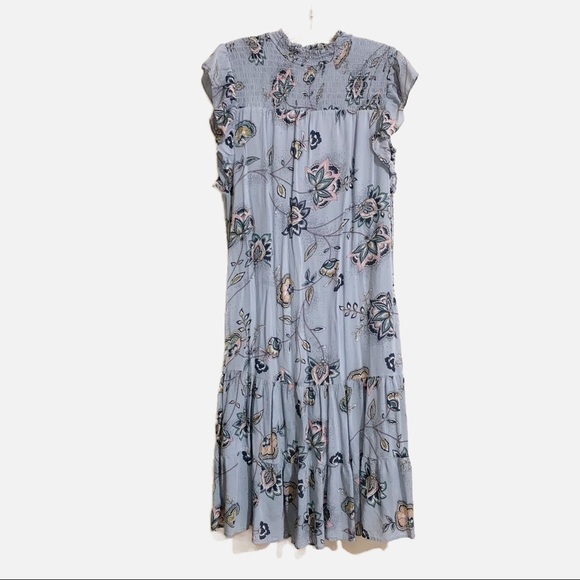 DR2 Dresses & Skirts - Dr2 Smocked Ruffled High Collar Button Back Blue Floral Maxi Dress. Size small
